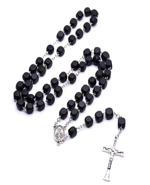 

black square wood christ rosary neckalce vintage cross beads strand necklace long religious pray jewelry new4750181, Silver