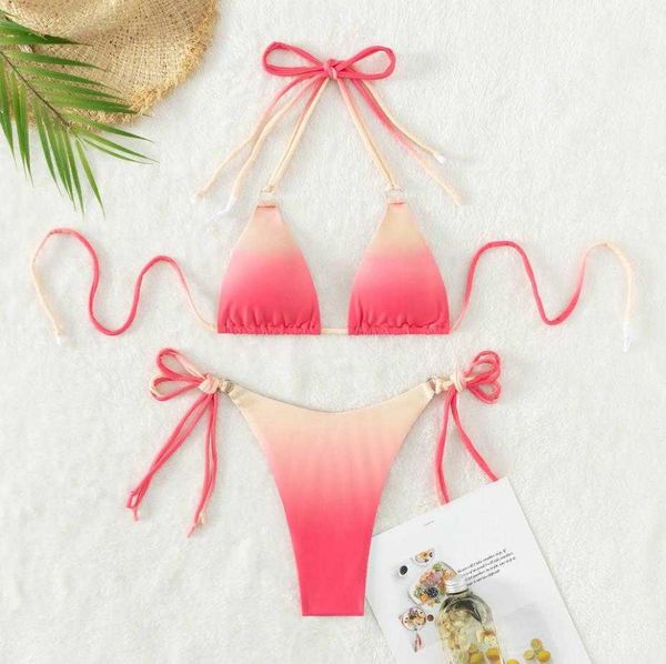 

2023 new women's summer 2pcs bikini sets sleeveless halter bandage neck gradient color bra + low waist tie up thong bikinis, White