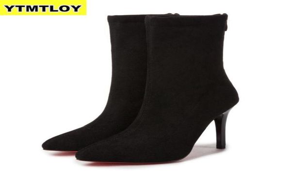 

women sock boots pointed toe elastic high slip on heel ankle pumps stiletto botas zapatos de mujer sock shoes high boots t2001068815348, Black