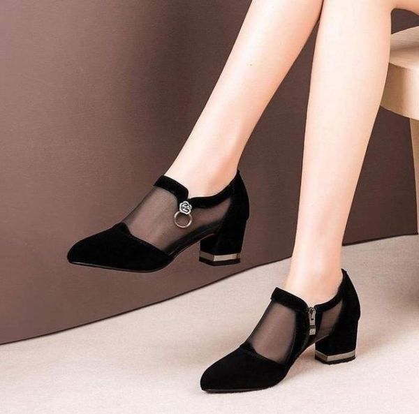 

sandals apanzu women high heel shoes mesh breathable pumps zip pointed toe thick heels fashion female dress elegant footwear6480866, Black