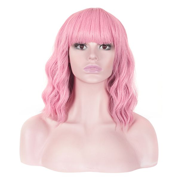 

pink short wigs for women woodfestival neat bangs synthetic hair wig water wave natural cosplay, Black