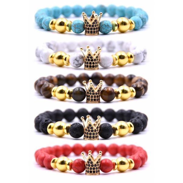 

gold crown beaded couple strands bracelets men and women new microinlaid zircon yoga chakra jewelry bangle jewelry5468588, Black