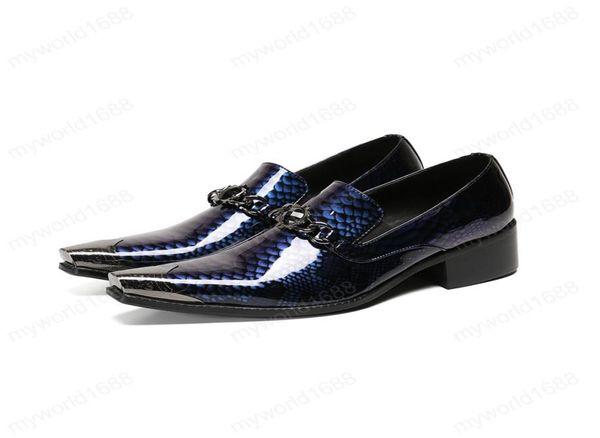 

large size dark blue men039s snakeskin pattern patent leather shoes metal pointed toe party dress man new shoes7139906, Black
