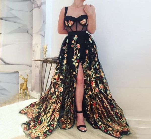 

black flowers tulle long evening dresses sweetheart spaghetti straps split floor length illusion prom dresses formal party gowns8379343, Black;red
