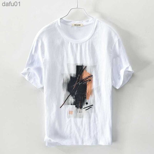 

new summer linen short sleeve t-shirt men white feather embroidery cotton men t shirt brand fashion mens t shirts solid camiseta l230520, White;black