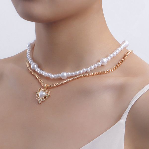 

designer necklace fashion double-layer imitation pearl love pendant necklace woman, spice girl with a string of beads necklace fashion neckl, Silver