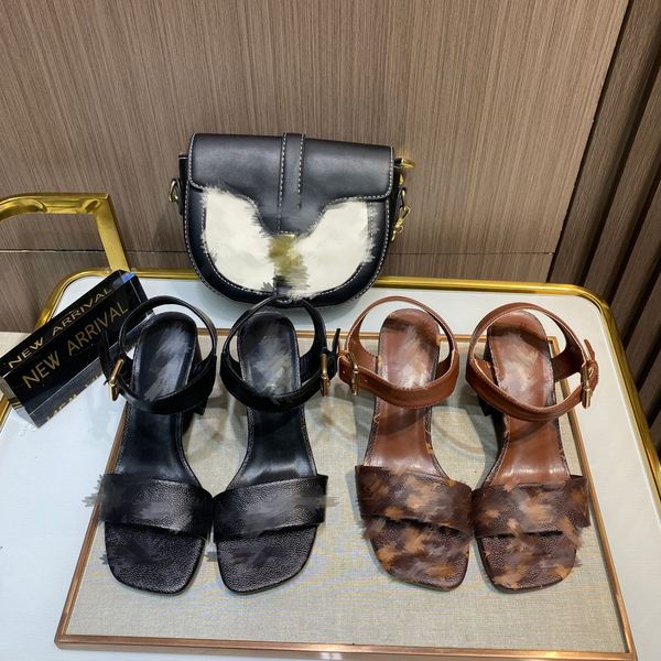 

designer sandals square toe monograms vintage sandal ankle buckle mid-heel pumps retro block heeled 7.5cm mules heels slippers classic paris, Black