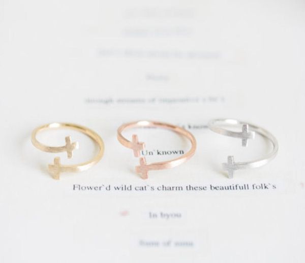 

fashion jewelry iron jesus sideways double cross cuff finger religious ring for women stretch girl ringswhole 1463510, Golden;silver