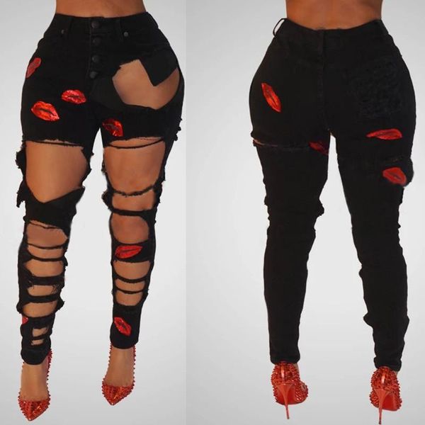 

jeans new 2020 women printing casual hole jeans high waist skinny pant pencil jeans slim ripped female girls trousers jeans, Blue