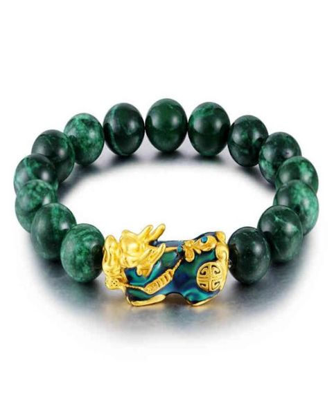 

wholale natural green jade stone beads color changing charm piyao women men good lucky wealth feng shui pixiu bracelet6596644, Golden;silver