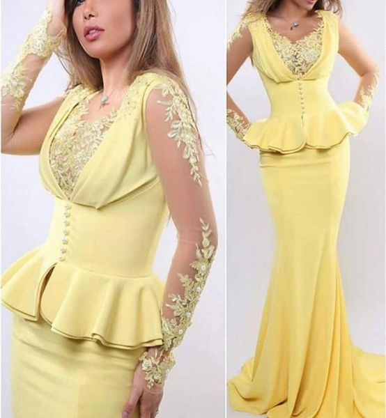 

yellow evening dresses scoop neckline lace appliques pearls beading peplum long sleeve satin mermaid long evening gowns arabic8163576, Black;red