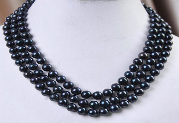 

pretty 3 rows 78mm akoya cultured black pearl necklace 17quot18quot19quot9316797, Silver
