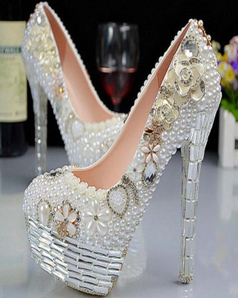 

romantic pearl bridal wedding dress shoes high heels round toe crystal pearl rhinestone bridesmaid shoes platform evening party sh8136494, Black