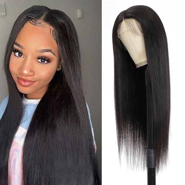 

natural color human hair lace front wigs straight lace human hair wig brazilian remy with baby hair t part 150%, Black;brown