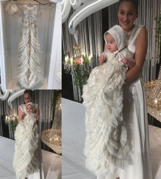 

luxury crystal christening dresses for baby girls beads appliqued tiered ruffles baptism gowns with bonnet first communication dre8137452, White