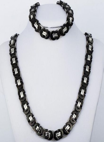 

quality jewlery set 8mm black silver flat byzantine chain necklace bracelet 316l stainless steel for husband father gift 2091344