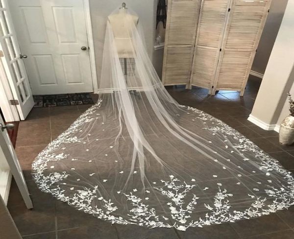 

2019 elegant bridal veils lace appliques 3m long one layer cathedral length voiles de mariage customized wedding veil4367868, Black