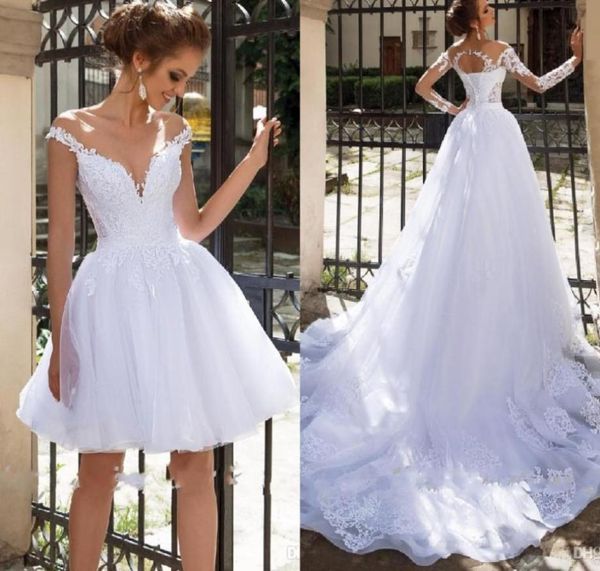 

new plus size a line wedding dress 2 in 1 with sleeves lace applique vestido de noiva floor length tulle princess bridal gown wedd5088326, White