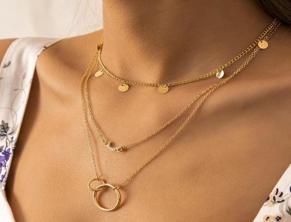 

ins simple geometric doublering disc tassel necklace temperament microinlaid cshaped metal chain clavicle chains6174719, Silver