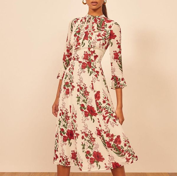 

dresses woman dress 2020 spring summer floral print vintage elegant dress bow tie neck 3/4 ruffle sleeve chiffon midi dresses for women, Black;gray