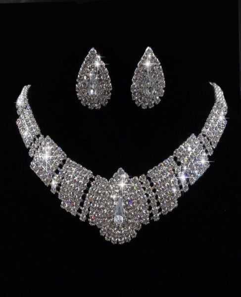 

luxury crystal bridal wedding jewelry set shinning crystal rhinestone stud earrings necklace set for girls women party jewelry gif8209932, Slivery;golden