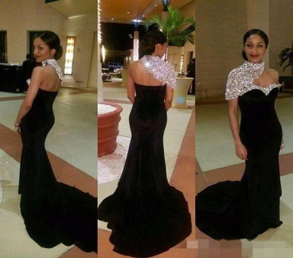 

stunning formal black mermaid evening gowns 2017 crystal high neck one sleeves open back velvet court train prom celebrity pa7713322, Black;red