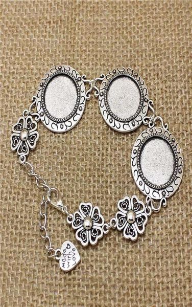 

3pcs 235mm fit 18mm dia vintage silver metal zinc alloy round bracelet cabochon setting jewelry blank setting bracelet findings6947400, Blue;slivery