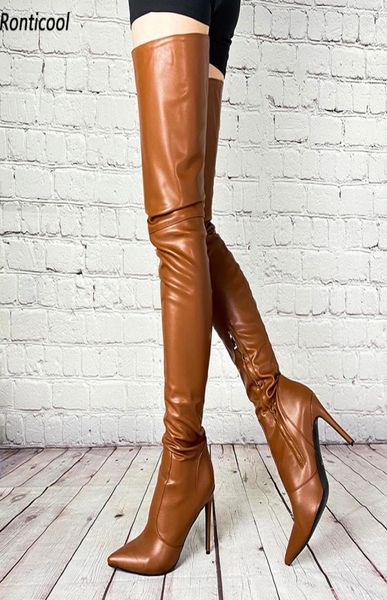 

rontic fashion women winter thigh boots stiletto heels pointed toe beautiful brown red fuchsia dress shoes us size 5159102540, Black