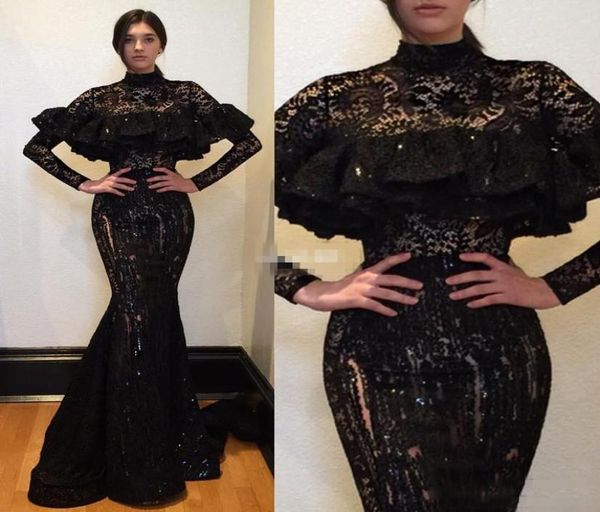 

saudi arabia black lace prom dresses 2017 high neck long sleeves mermaid evening gowns see through women formal party dress3315291