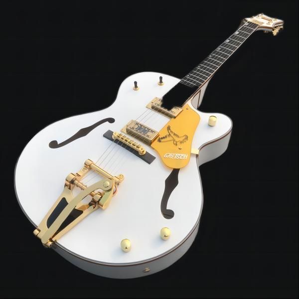 

custom 335 white semi hollow body jazz electric guitar engraved lyre long vibrola maestro tremolo tailpiece, red pearl pickguard, 5 way swit