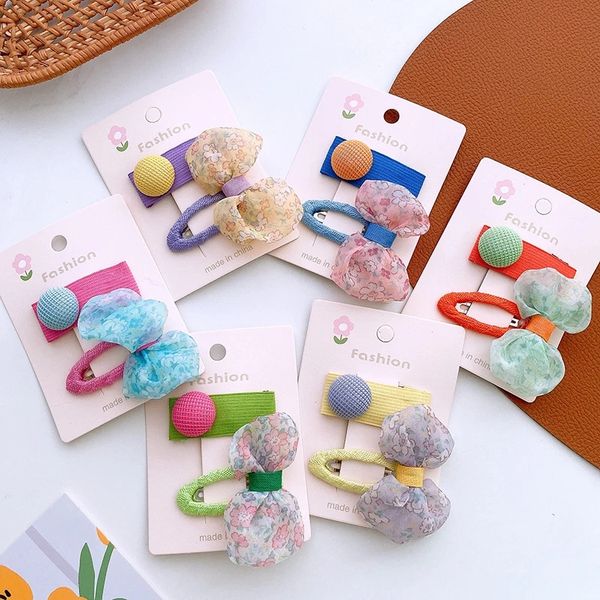 

2 pcs new korean sweet girl printing mesh bow hairpins hair accessories fashion children's fabric buttons bb clip headwear, Slivery;white