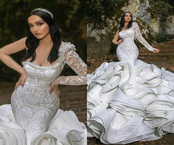

luxury ruffles mermaid wedding dresses plus size one shoulder chapel train gorgeous bridal gowns nigerian arabic marriage dress6104081, White