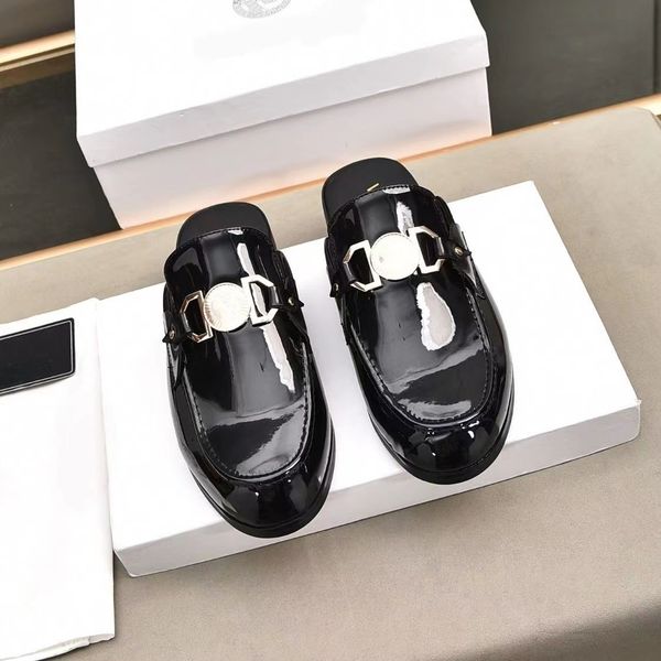 

luxury mens designer slipper shoes genuine leather mules loafers metal chain comfortable casual shoe lace velvet slippers leather shoes high, Black