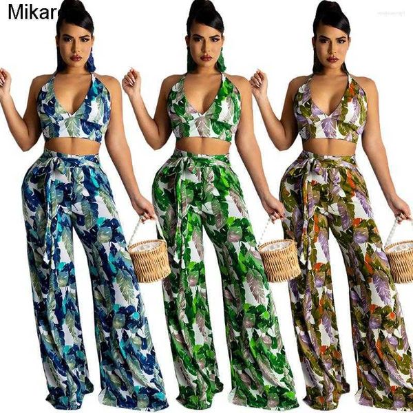 

mikaro women's two piece pants fashion high street two piece suit sleeveless halter bandage tank waist lace up wide leg 2 pc set 3 col, White