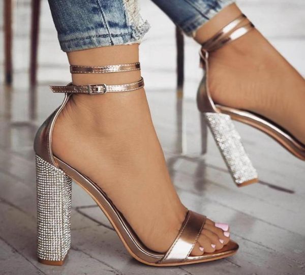 

spring summer fashion dress shoes thick heel sandals glitter leather buckle open toe sandals ladies shoes for wedding2833763, Black