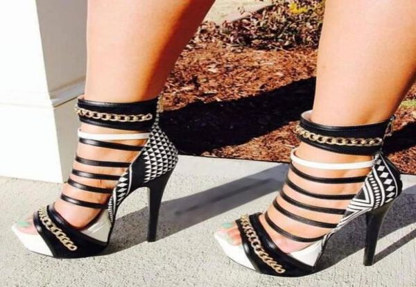 

summer brand woman white black red geometric chains open toe zip back platform heel sandals shoes1504133