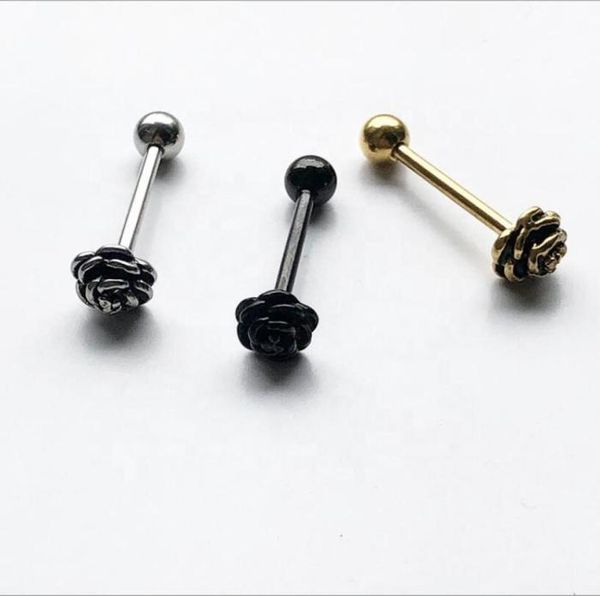 

trendy punk gold black silver 14g titanium steel rose flower tongue rings tongue nail barbell ring nipple body piercing jewelry lo8066502