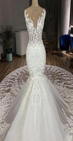 

2021 mermaid wedding dress chapel train 3d appliques jewel lace bridal gowns customized vestidos de novia9797230, White