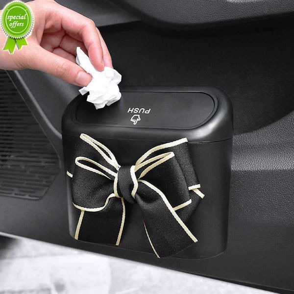

new cute bowknot car trash bin hanging vehicle garbage dust case storage box pressing type trash can auto car interior accessories