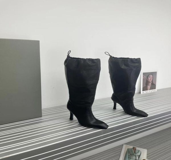 

2022 autumn winter push falkon boots new pull rope tube cool cowhide high heel normcore minimalist1555486, Black