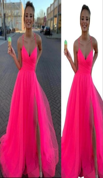 

2023 prom dresses v neck pink tulle spaghetti straps long tulle formal evening party gown side split graduation dresses a8242257, Black
