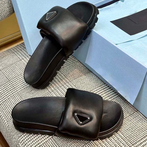 

casual shoes luxury sandals womens slippers slide metal triangle 2cm rubber sole slides black white pool ladies sandal