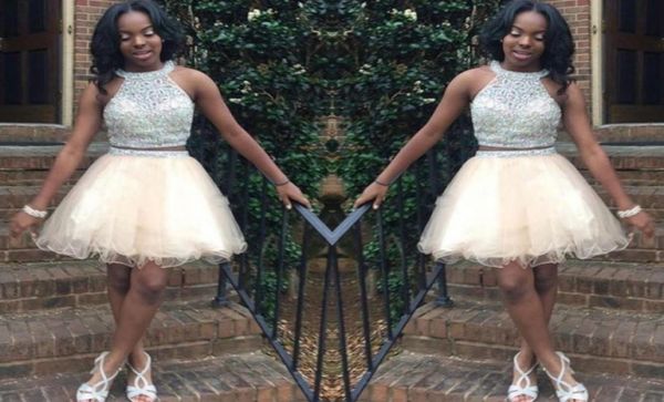 

new fashion two pieces homecoming dresses halter beading open back short prom party gowns champagne tulle skirt cocktail formal dr9258492, Blue;pink