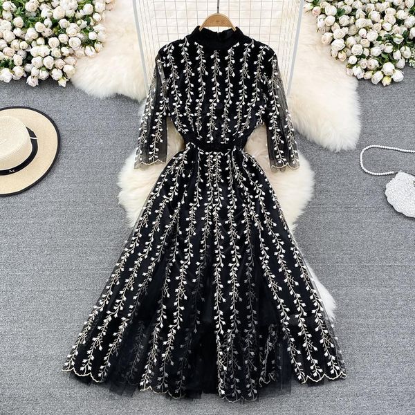 

dresses summer women stripe flower embroidery lace mesh tulle dress party night, Black;gray
