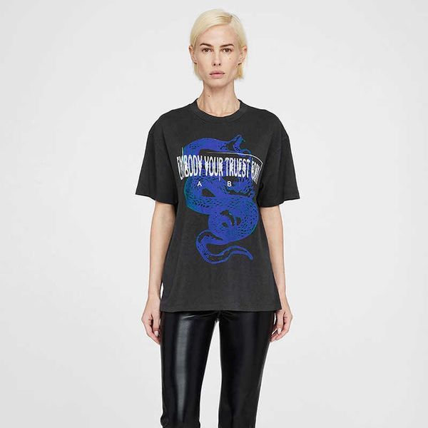 

2023ss ab niche snake letter print t shirt stir-fried snowflake washed tee women short-sleeved t-shirt bings, White