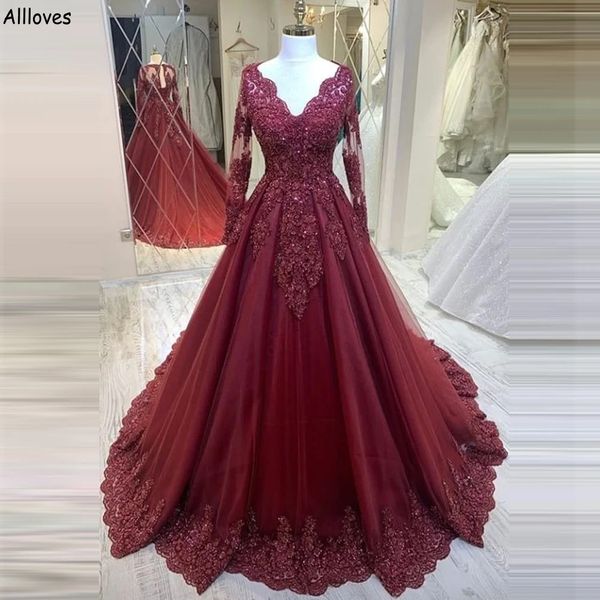 

arabic aso ebi long sleeves evening dresses v neck elegant lace applique sequined beaded special occasion party gowns burgundy tulle a line, Black;red