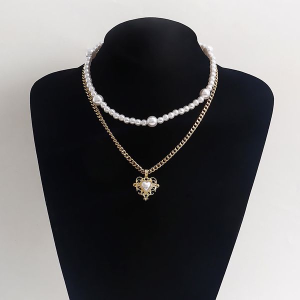 

designer necklace fashion double-layer imitation pearl love pendant necklace woman, spice girl with a string of beads necklace fashion neckl, Silver