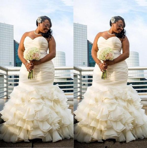

vintage plus size mermaid wedding dresses ruched cascading ruffles sweetheart floor length long dubai arabic bridakl gowns4522058, White