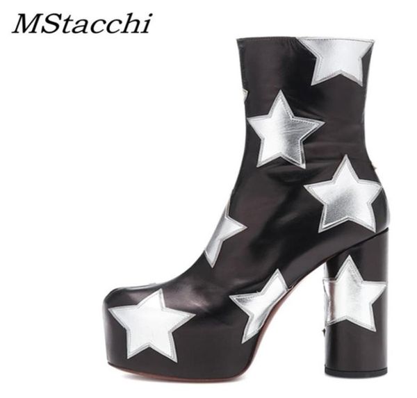 

mstacchi platform ankle boots for women luxury print star really leather high heels shoes woman round heels botines mujer 2011056862853, Black