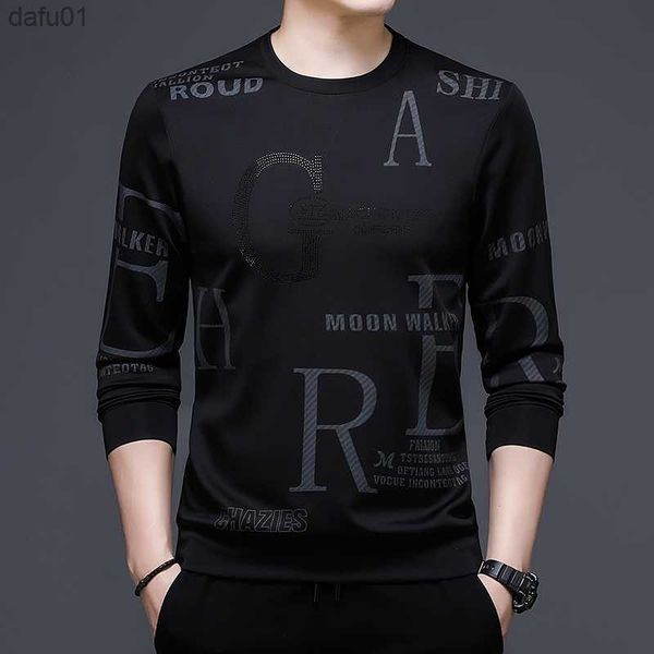 

browon spring autumn black t shirt men long sleeve o-neck collar fashion trend letter print slim t-shirt for men street wear l230520, White;black